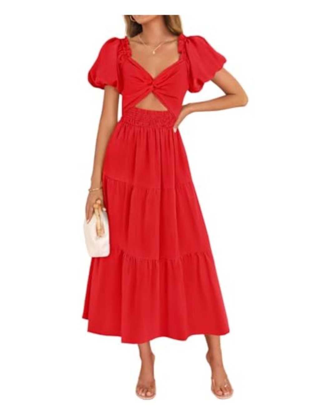 Flowy Vacation Maxi Dress Short Puff Sleeve A-Line Smocked Cutout Summer Beach